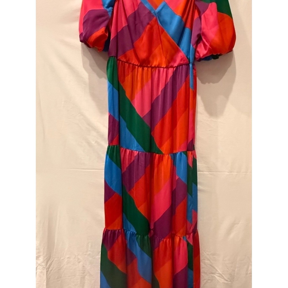 Boho Retro Chevron Print Tiered Maxi Rainbow Puff Sleeve Dress